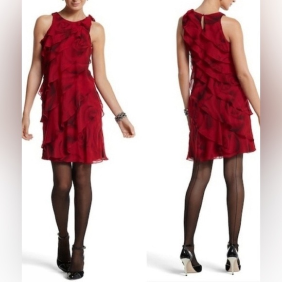 White House Black Market Dresses & Skirts - WHBM Rose Print Tiered Chiffon Ruffle Dress